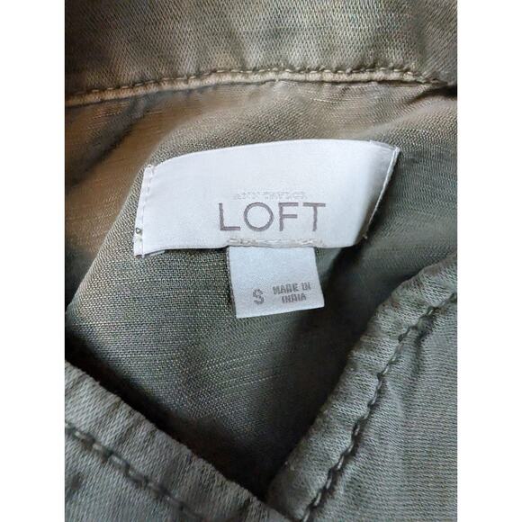 Loft Jacket Women Small Army Green Linen Utility Pockets Inside Cinch Full Zip - Picture 5 of 8